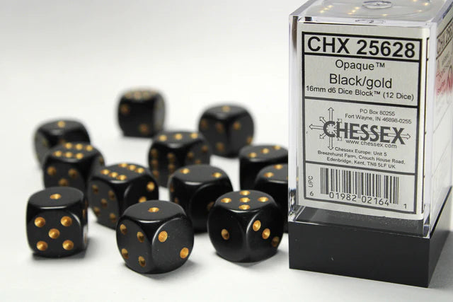 Chessex: Opaque Black/gold 16mm d6 Dice Block (12 dice)