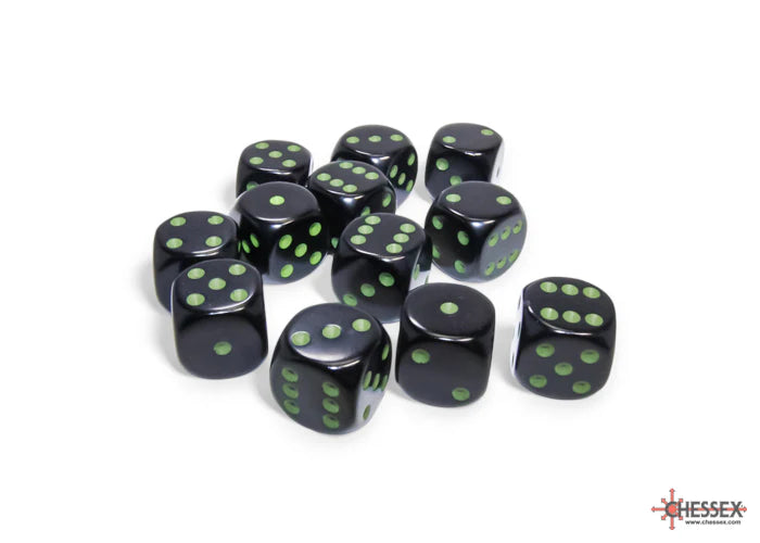Chessex: Opaque Black/green 16mm d6 Dice Block (12 dice)