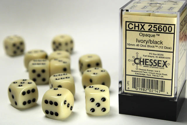 Chessex: Opaque Ivory/black 16mm d6 Dice Block (12 dice)