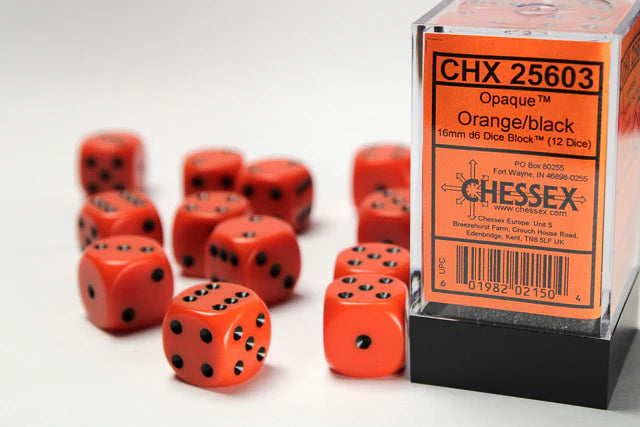 Chessex: Opaque Orange/black 16mm d6 Dice Block (12 dice)