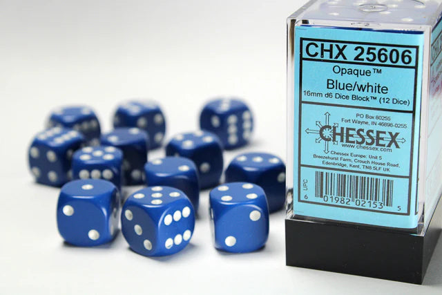 Chessex: Opaque Blue/white 16mm d6 Dice Block (12 dice)