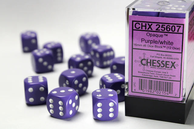 Chessex: Opaque Purple/white 16mm d6 Dice Block (12 dice)