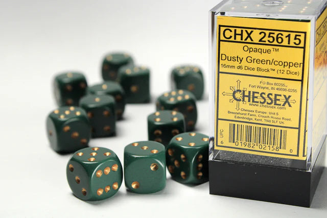Chessex: Opaque Dusty Green/copper 16mm d6 Dice Block (12 dice)