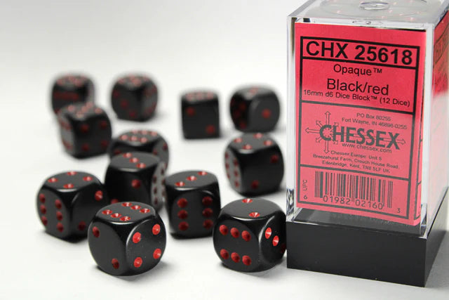 Chessex: Opaque Black/red 16mm d6 Dice Block (12 dice)