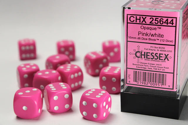 Chessex: Opaque Pink/white 16mm d6 Dice Block (12 dice)