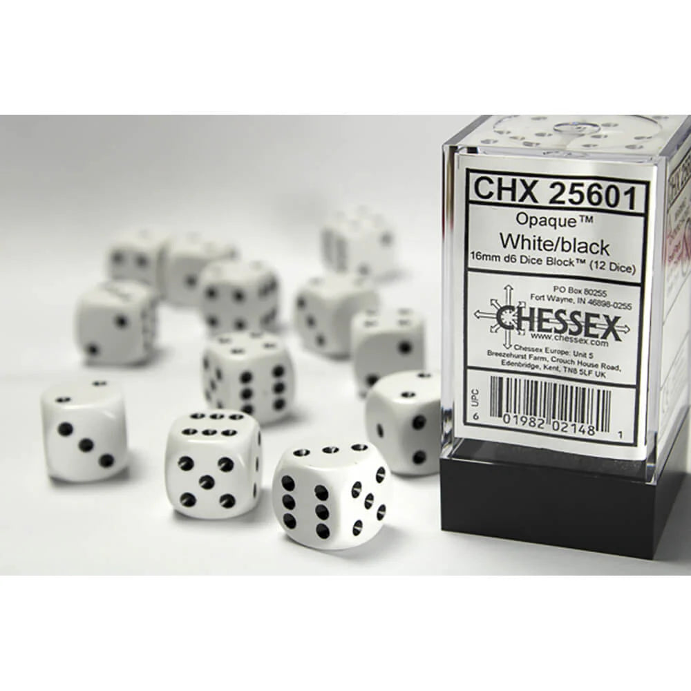 Chessex: Opaque White/black 16mm d6 Dice Block (12 dice)