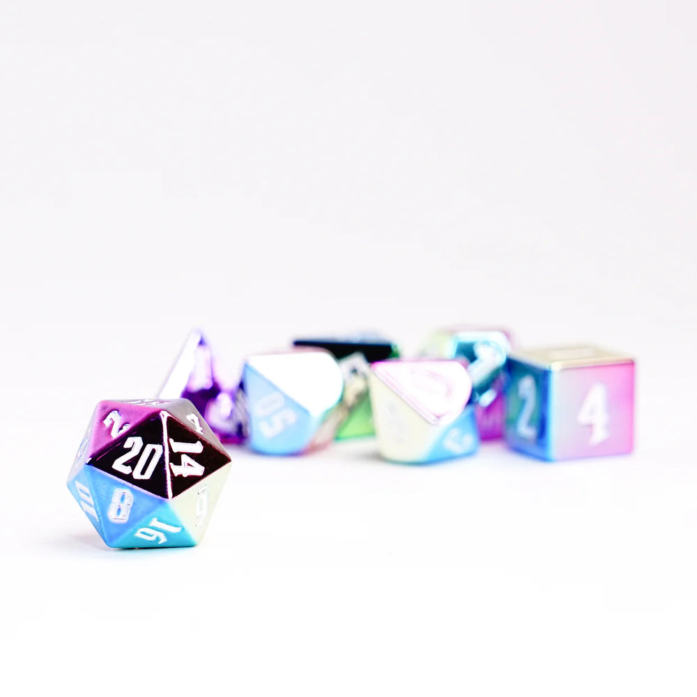 Rainbow Aegis w/ White Numbers 16mm Aluminum Plated Acrylic Poly Dice Set