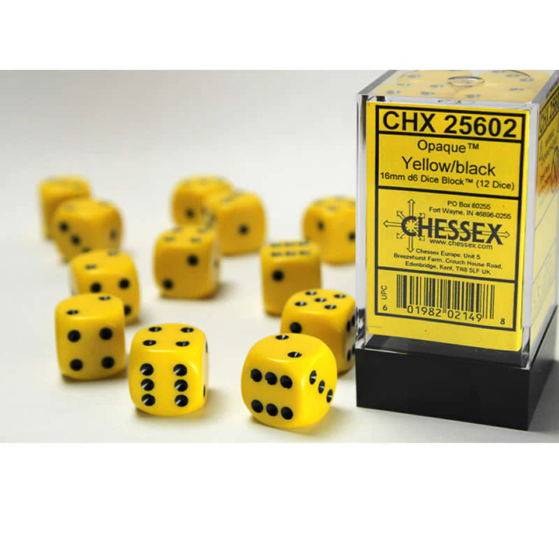 Chessex: Opaque Yellow/black 16mm d6 Dice Block (12 dice)