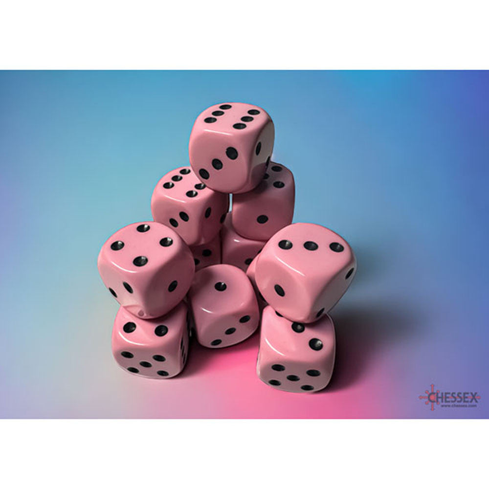 Chessex: Opaque Pastel Pink/black 16mm d6 Dice Block (12 dice)