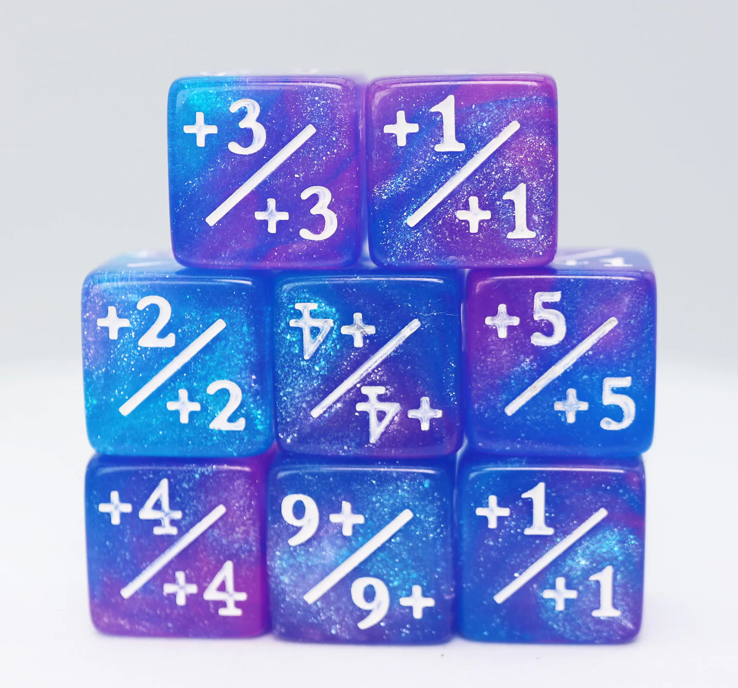 Foam Brain Dice: +1/+1 Blue & Purple Glitter Counters