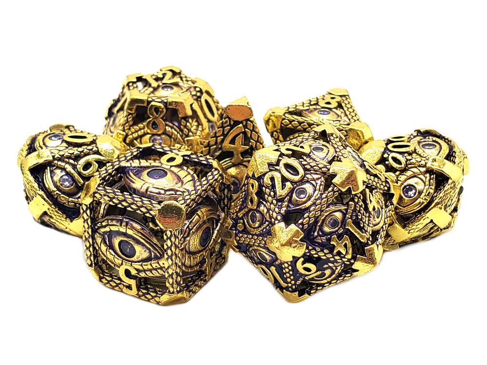 Old School Dice 7 Piece RPG: Hollow Dice - All Seeing Eye Gold w/Purple
