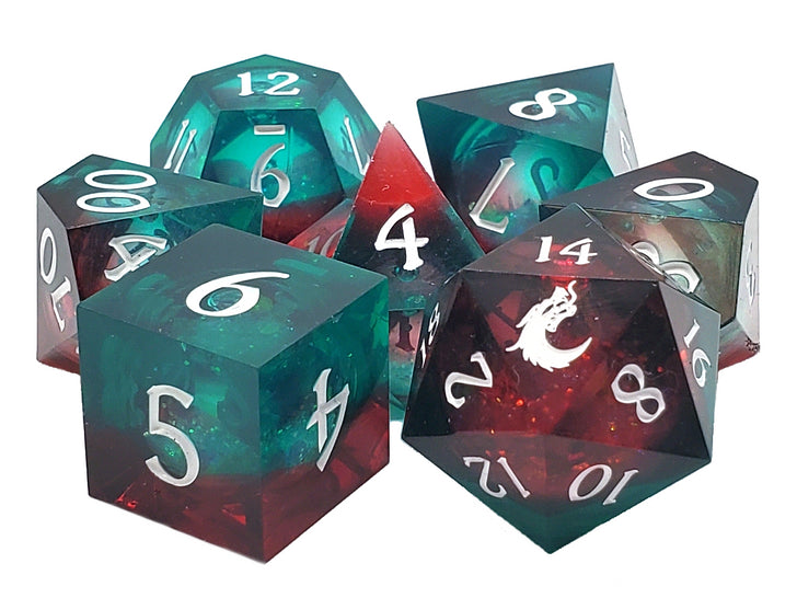 Old School Dice 7 Piece RPG: Sharp Edged Liquid Infused - Christmas Fury