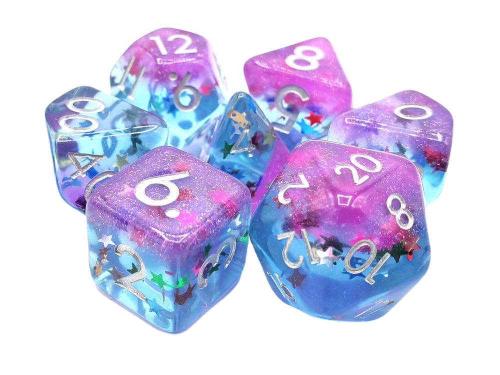 Old School Dice 7 Piece RPG: Infused - Mixed Stars w/Purple & Silver