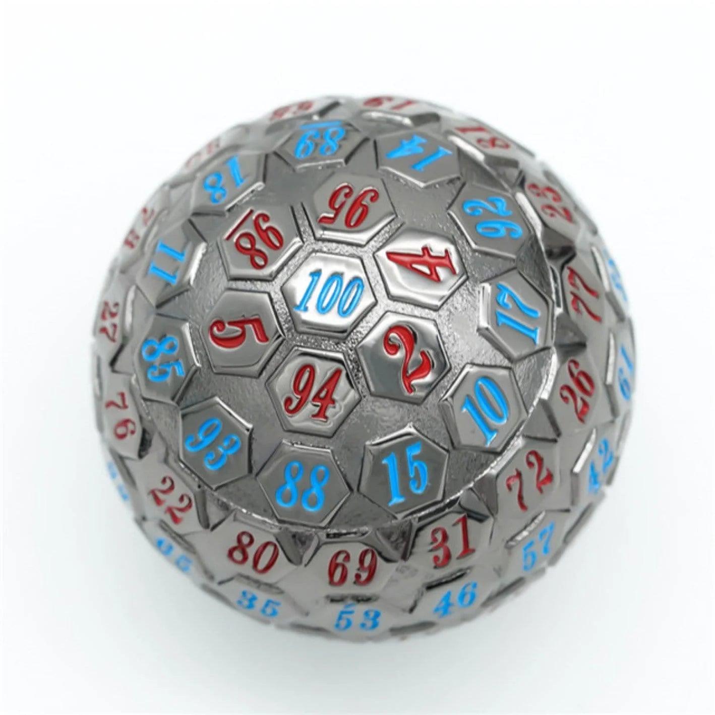 Foam Brain Dice- 45mm Metal D100 - Black Metal with Red & Blue