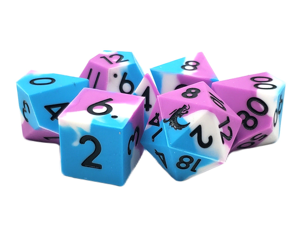 Old School Dice: Silicone 7-Piece Set - Blue, White, and Lilac
