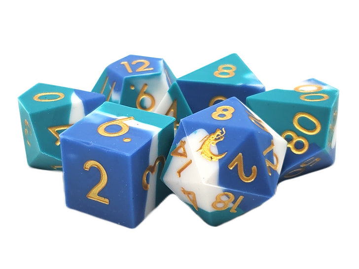 Old School Dice: Silicone 7-Piece Set - Blue, White, and Teal