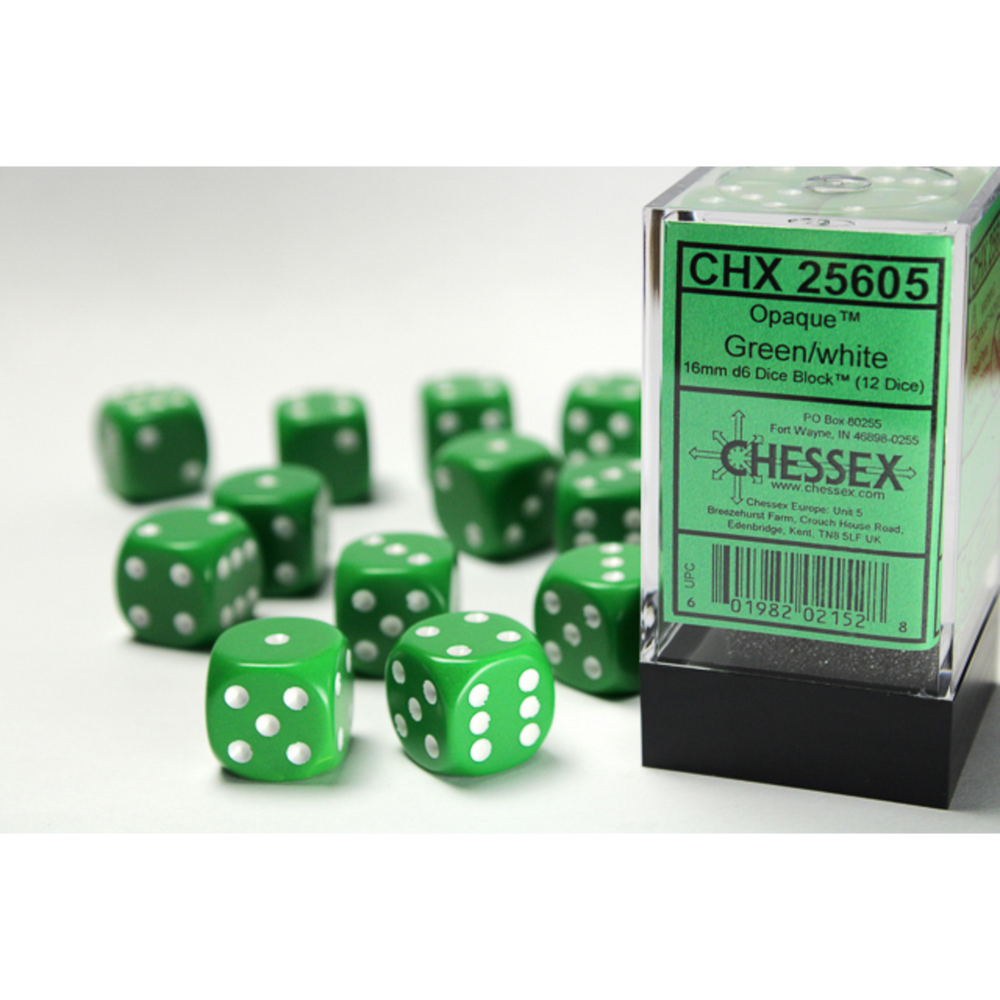 Chessex: Opaque Green/white 16mm d6 Dice Block (12 dice)