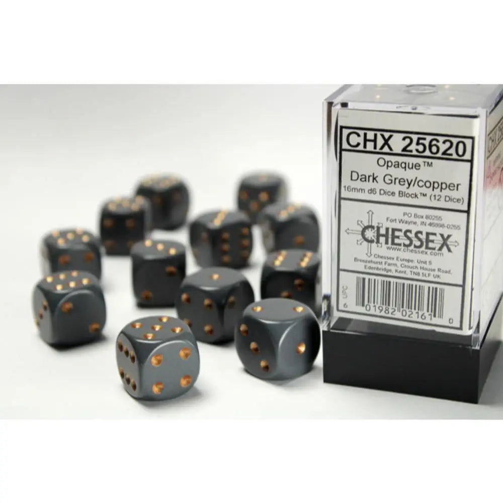 Chessex: Opaque Dark Grey/copper 16mm d6 Dice Block (12 dice)
