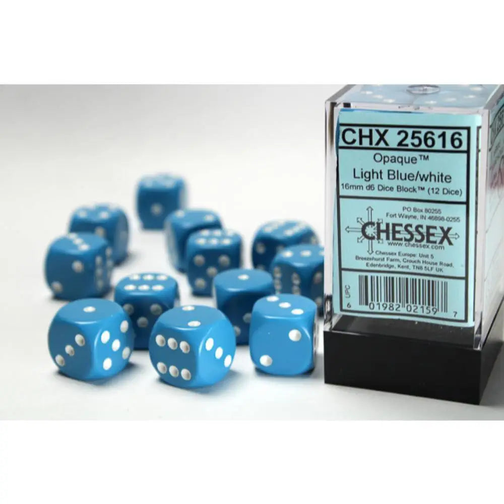 Chessex: Opaque Light Blue/white 16mm d6 Dice Block (12 dice)