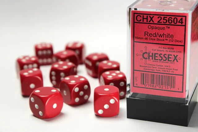 Chessex: Opaque Red/white 16mm d6 Dice Block (12 dice)