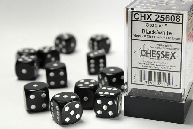 Chessex: Opaque Black/white 16mm d6 Dice Block (12 dice)