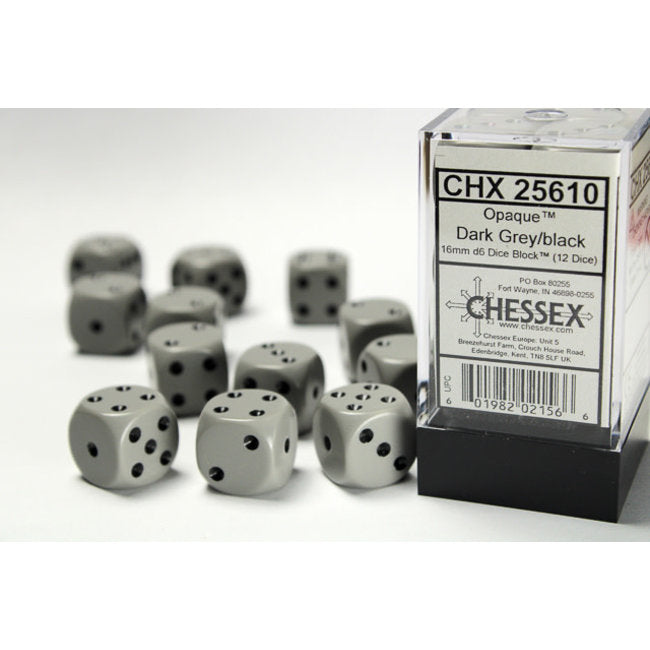 Chessex: Opaque Dark Grey/black 16mm d6 Dice Block (12 dice)