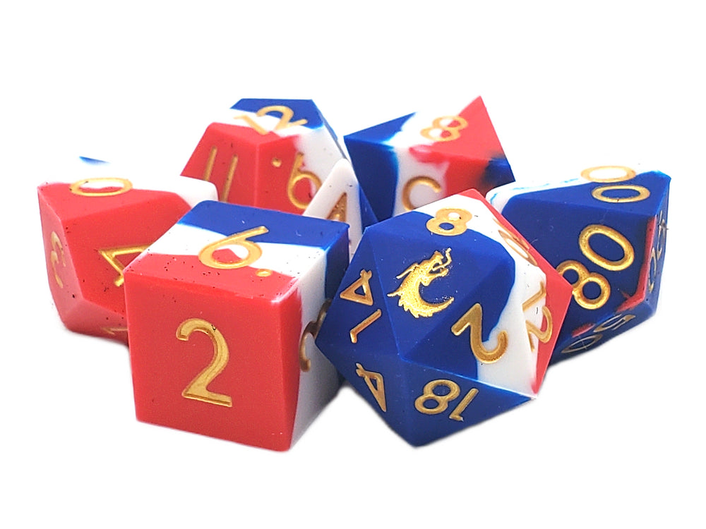 Old School Dice: Silicone 7-Piece Set - Red, White, and Blue